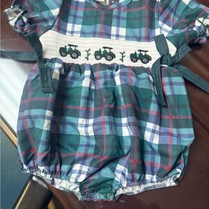 Plaid Baby Romper with Tractor Design
